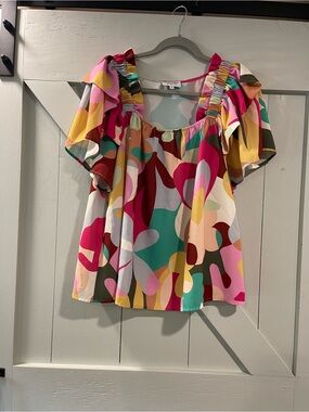 CROSBY by Mollie Burch Pink Multi-Color Abstract Ruffle Sleeve Top